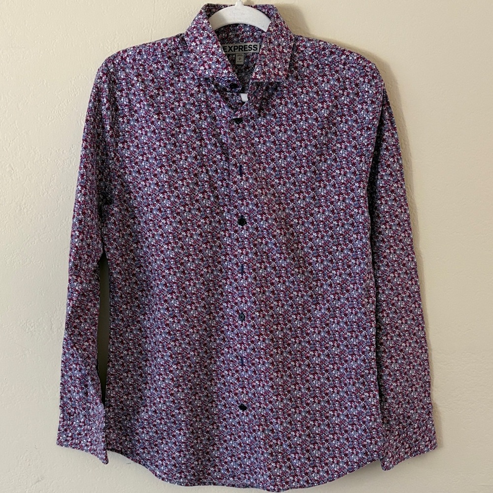 Express Men's Purple Floral-Print Dress Shirt